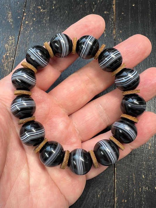 Vintage Black & White Stripe Agate Bracelet | 15mm Stretch Mala | Adjustable Cowhide Spacer Gemstone Beads