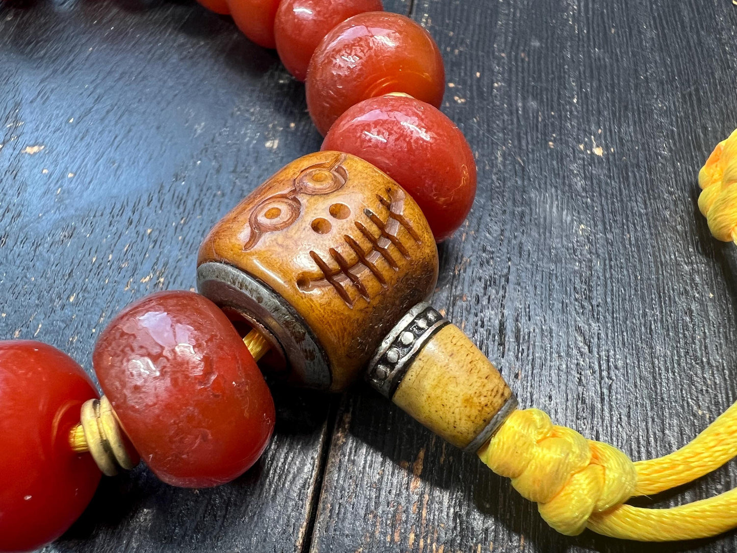 Vintage Red Agate Mala Bracelet | Yak Bone Citipati Guru Bead | Adjustable Tibetan Prayer Beads