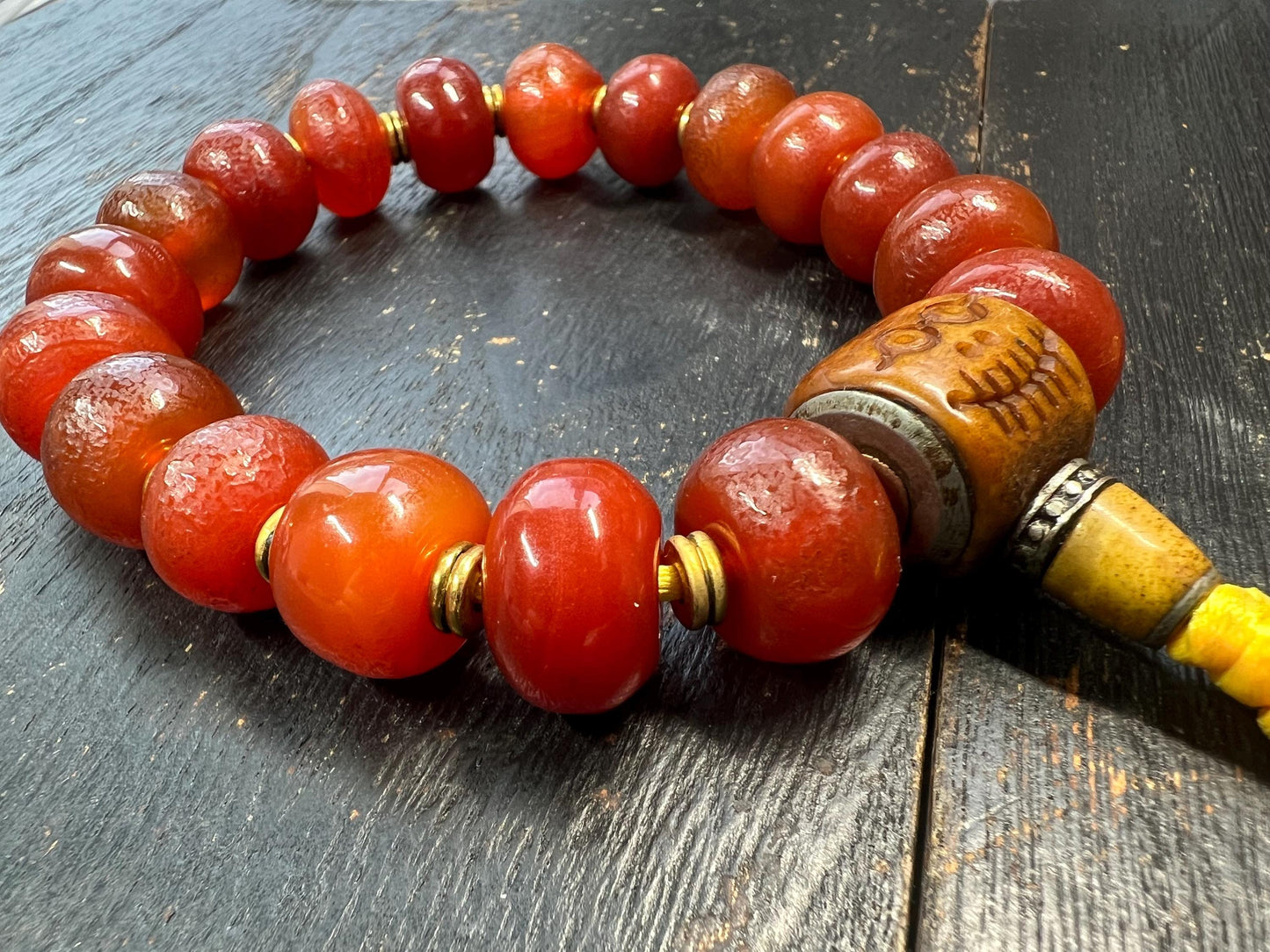 Vintage Red Agate Mala Bracelet | Yak Bone Citipati Guru Bead | Adjustable Tibetan Prayer Beads