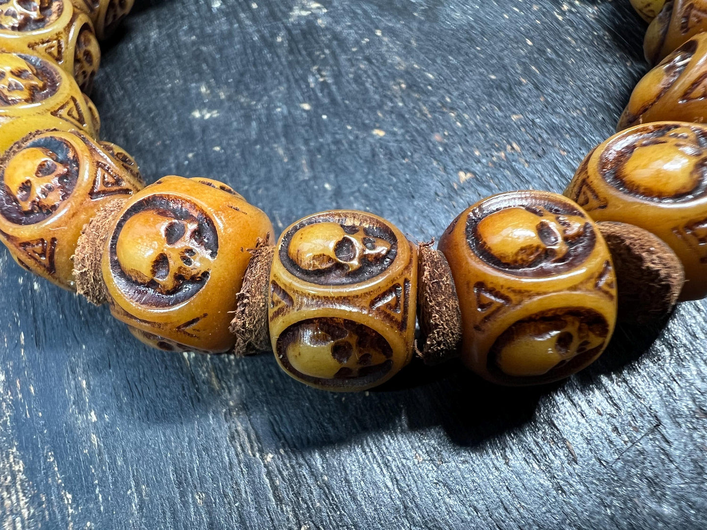 Hand-Carved Yak Bone Skull Mala Bracelet 13mm | Tibetan Cemetery Beads | Buddhist Wrist Mala for Men & Women | 8 Inch Wrist