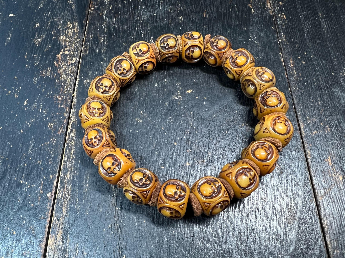 Hand-Carved Yak Bone Skull Mala Bracelet 13mm | Tibetan Cemetery Beads | Buddhist Wrist Mala for Men & Women | 8 Inch Wrist