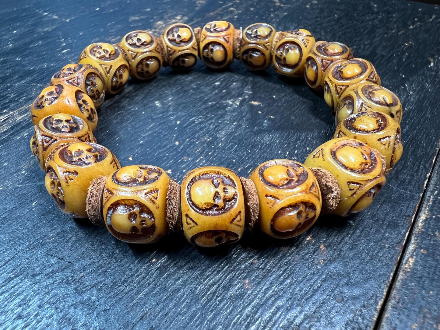 Hand-Carved Yak Bone Skull Mala Bracelet 13mm | Tibetan Cemetery Beads | Buddhist Wrist Mala for Men & Women | 8 Inch Wrist