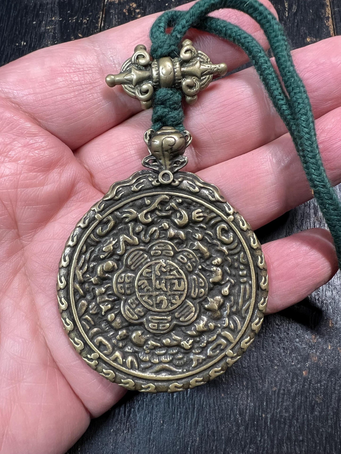 Large Brass Tibetan Nine Palaces Bagua Amulet | Protection Talisman | Feng Shui Pendant | Mantra Dots Back | Vajra Design | Vintage Buddhist
