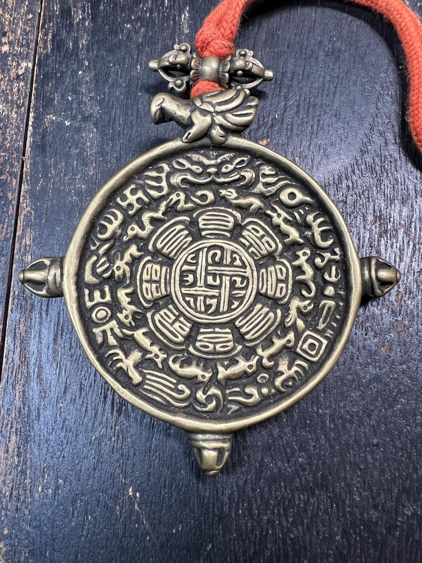 Large Brass Tibetan Nine Palaces Bagua Pendant | Zodiac Animal Amulet | Feng Shui Protection Charm | Vintage Buddhist Talisman