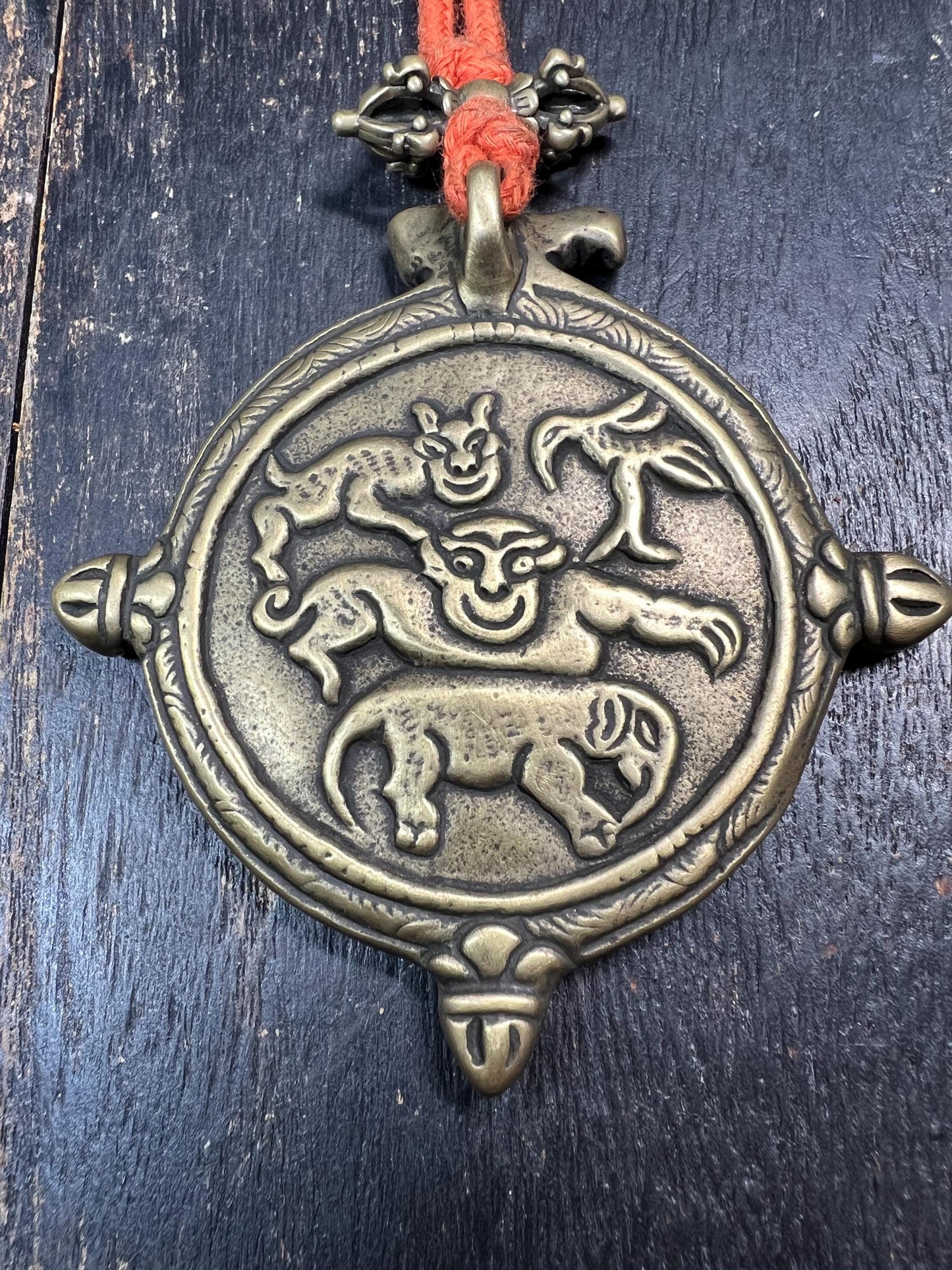 Large Brass Tibetan Nine Palaces Bagua Pendant | Zodiac Animal Amulet | Feng Shui Protection Charm | Vintage Buddhist Talisman