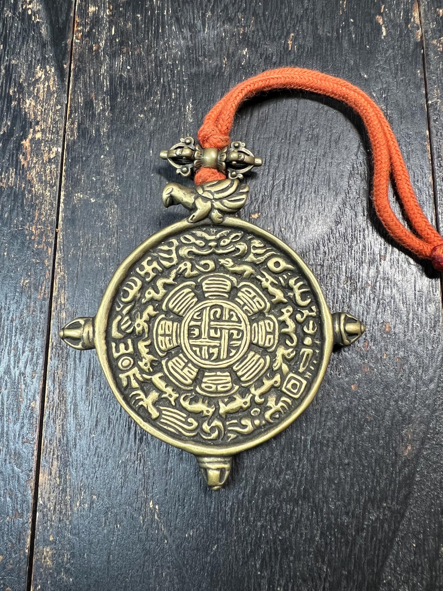 Large Brass Tibetan Nine Palaces Bagua Pendant | Zodiac Animal Amulet | Feng Shui Protection Charm | Vintage Buddhist Talisman