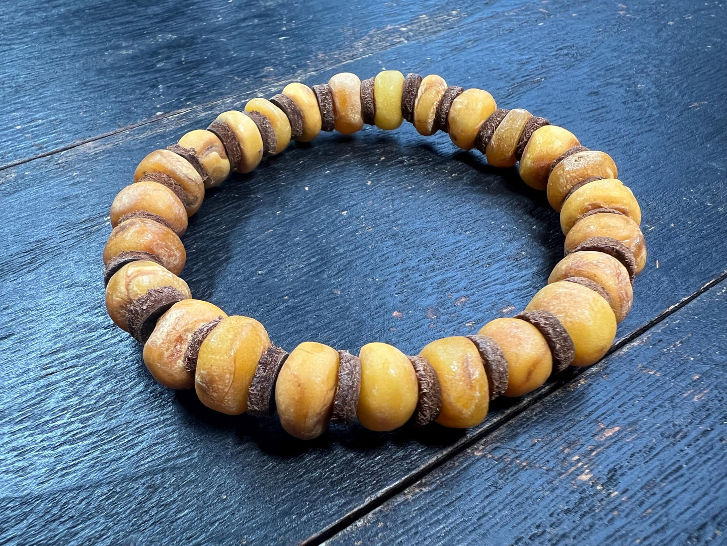 Natural Baltic Amber Bracelet with Leather Spacers, 9-11mm, Meditation Beads for Men & Women