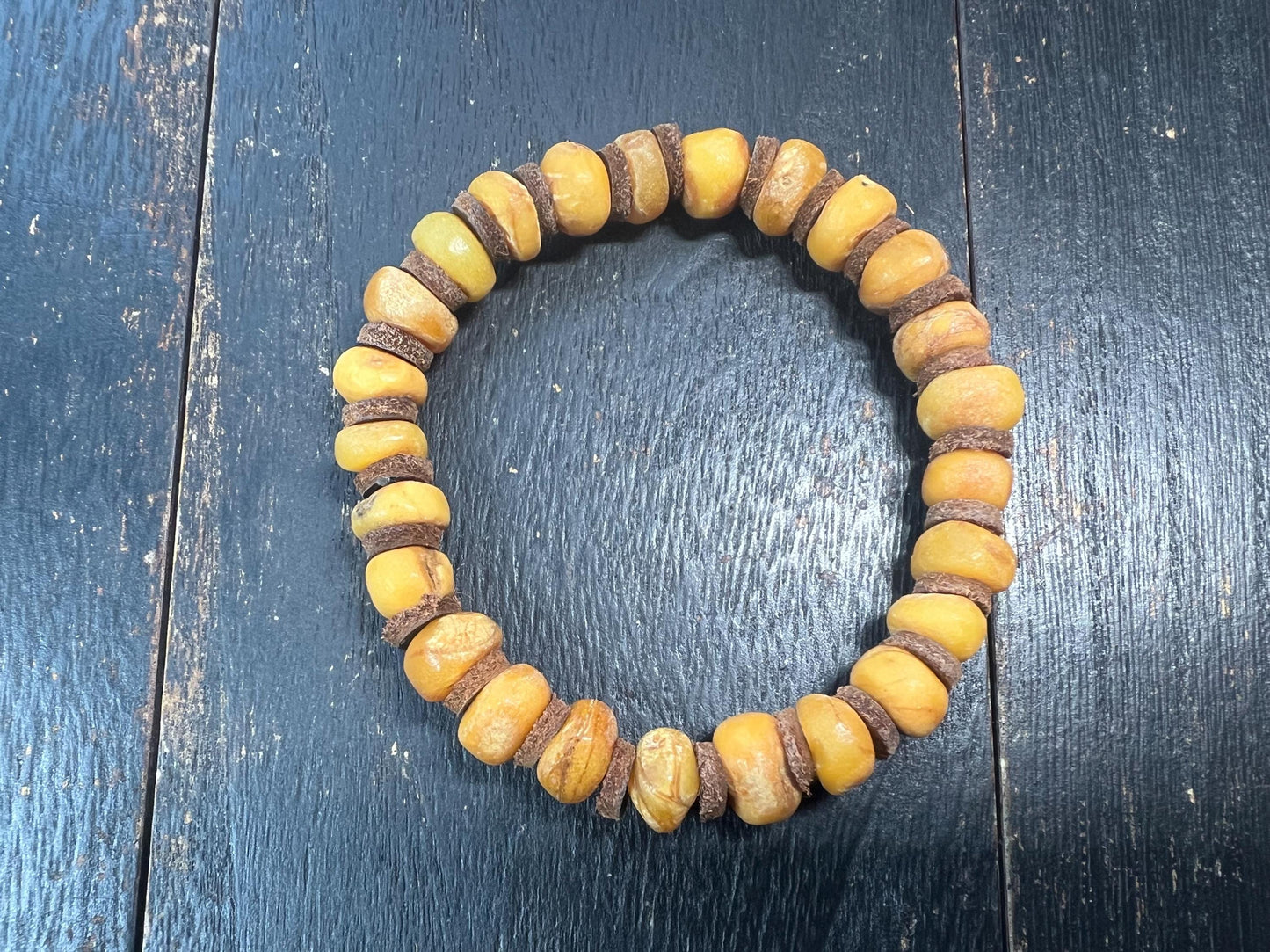 Natural Baltic Amber Bracelet with Leather Spacers, 9-11mm, Meditation Beads for Men & Women