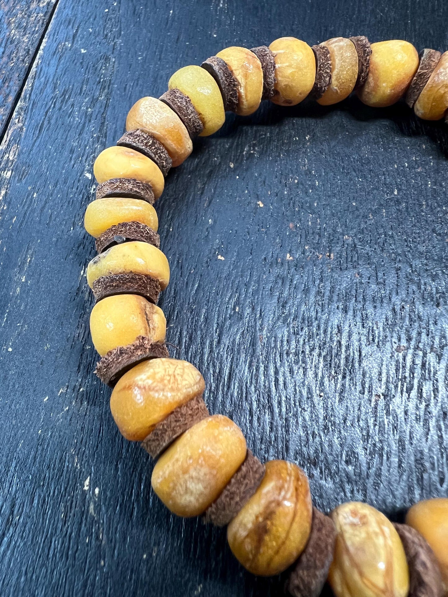 Natural Baltic Amber Bracelet with Leather Spacers, 9-11mm, Meditation Beads for Men & Women