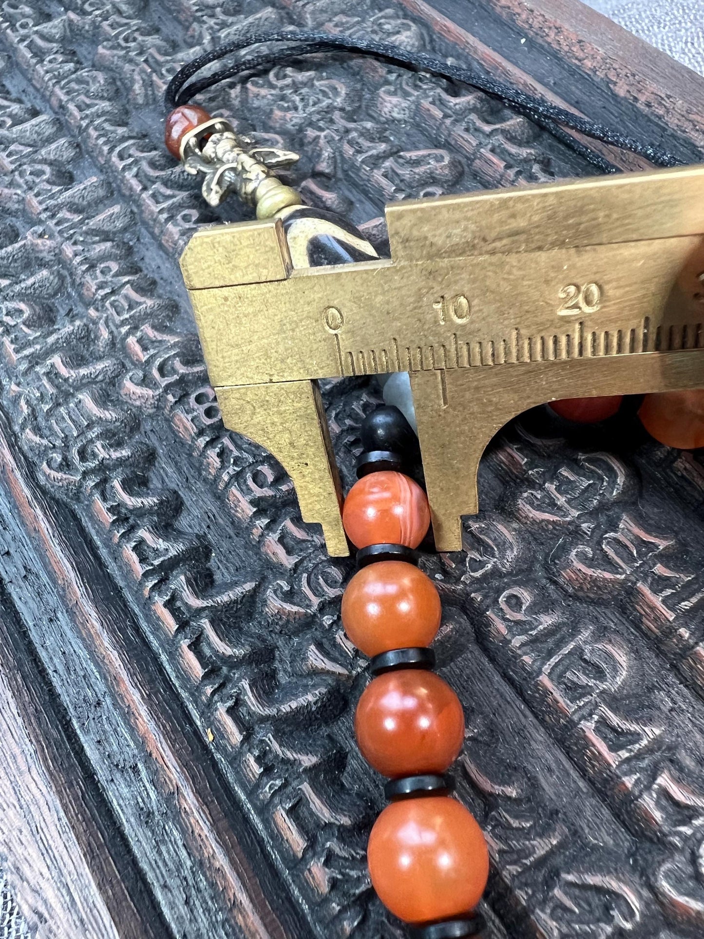 Tibetan Red Agate Mala Necklace – Dzi Bead, Brass Garuda, Adjustable, 18” (Nanhong Agate, Meditation Prayer Beads)