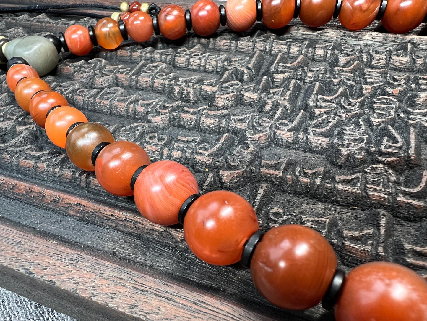 Tibetan Red Agate Mala Necklace – Dzi Bead, Brass Garuda, Adjustable, 18” (Nanhong Agate, Meditation Prayer Beads)