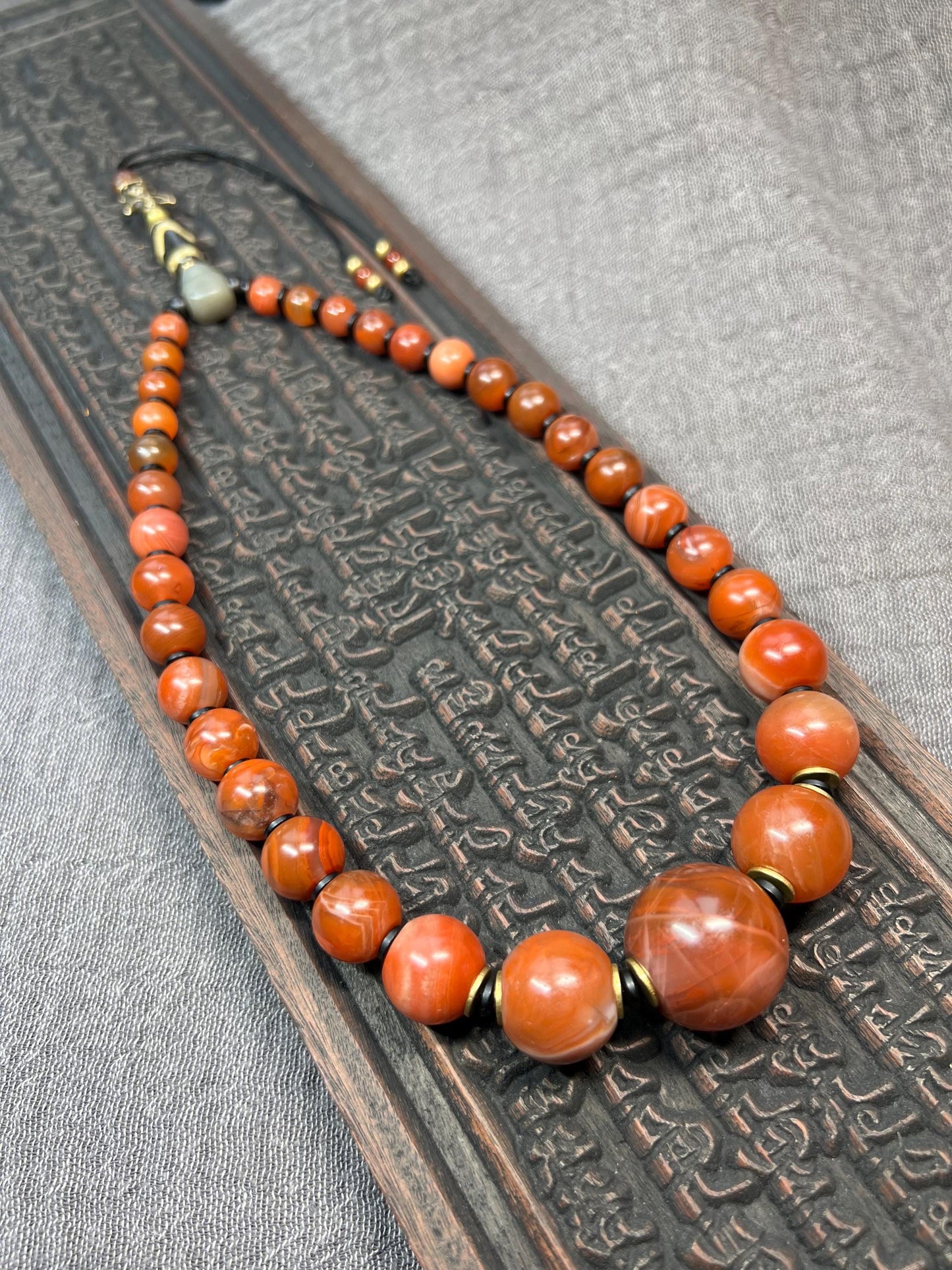 Tibetan Red Agate Mala Necklace – Dzi Bead, Brass Garuda, Adjustable, 18” (Nanhong Agate, Meditation Prayer Beads)