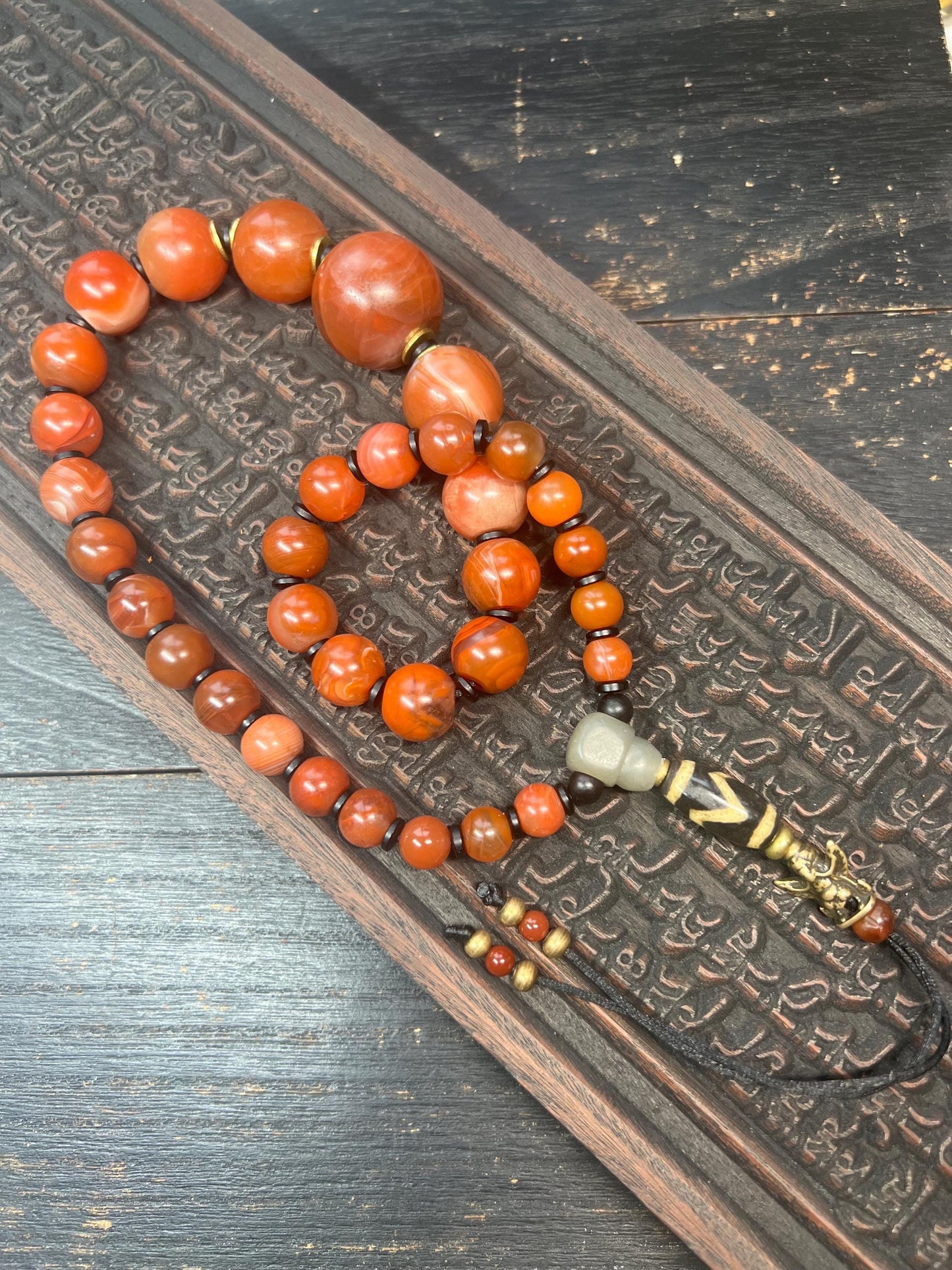 Tibetan Red Agate Mala Necklace – Dzi Bead, Brass Garuda, Adjustable, 18” (Nanhong Agate, Meditation Prayer Beads)