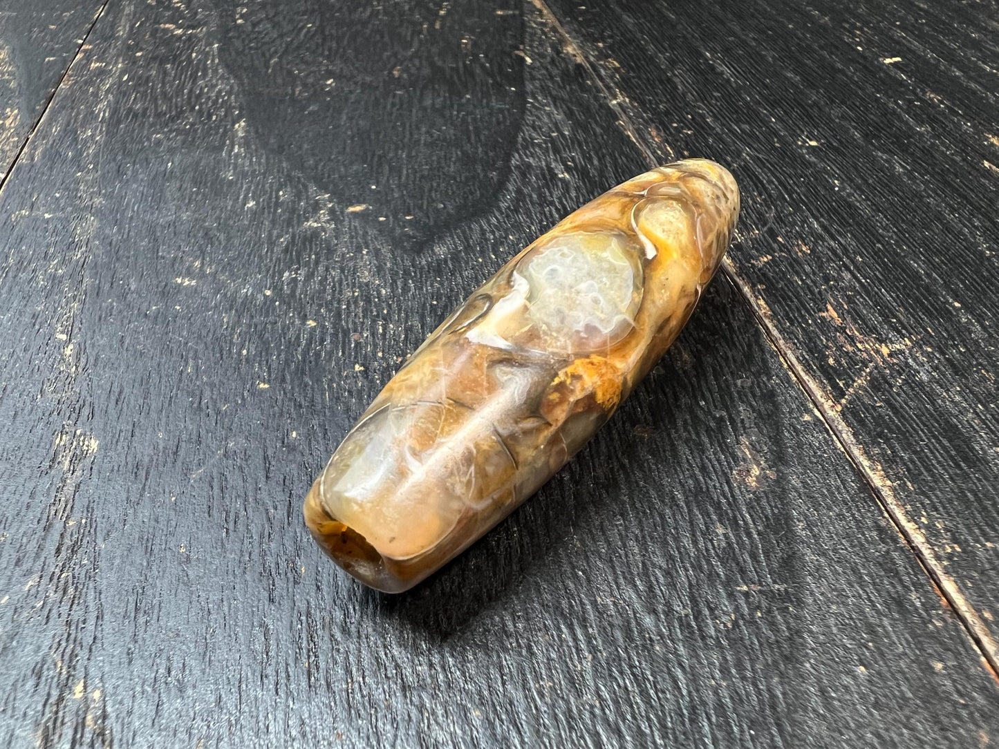 Old Conch Agate dZi Bead | Antique Tibetan Fossilized Agate Prayer Bead | Natural Conch Fossil Inclusion | 61mm Handmade Tibetan Vintage dZi