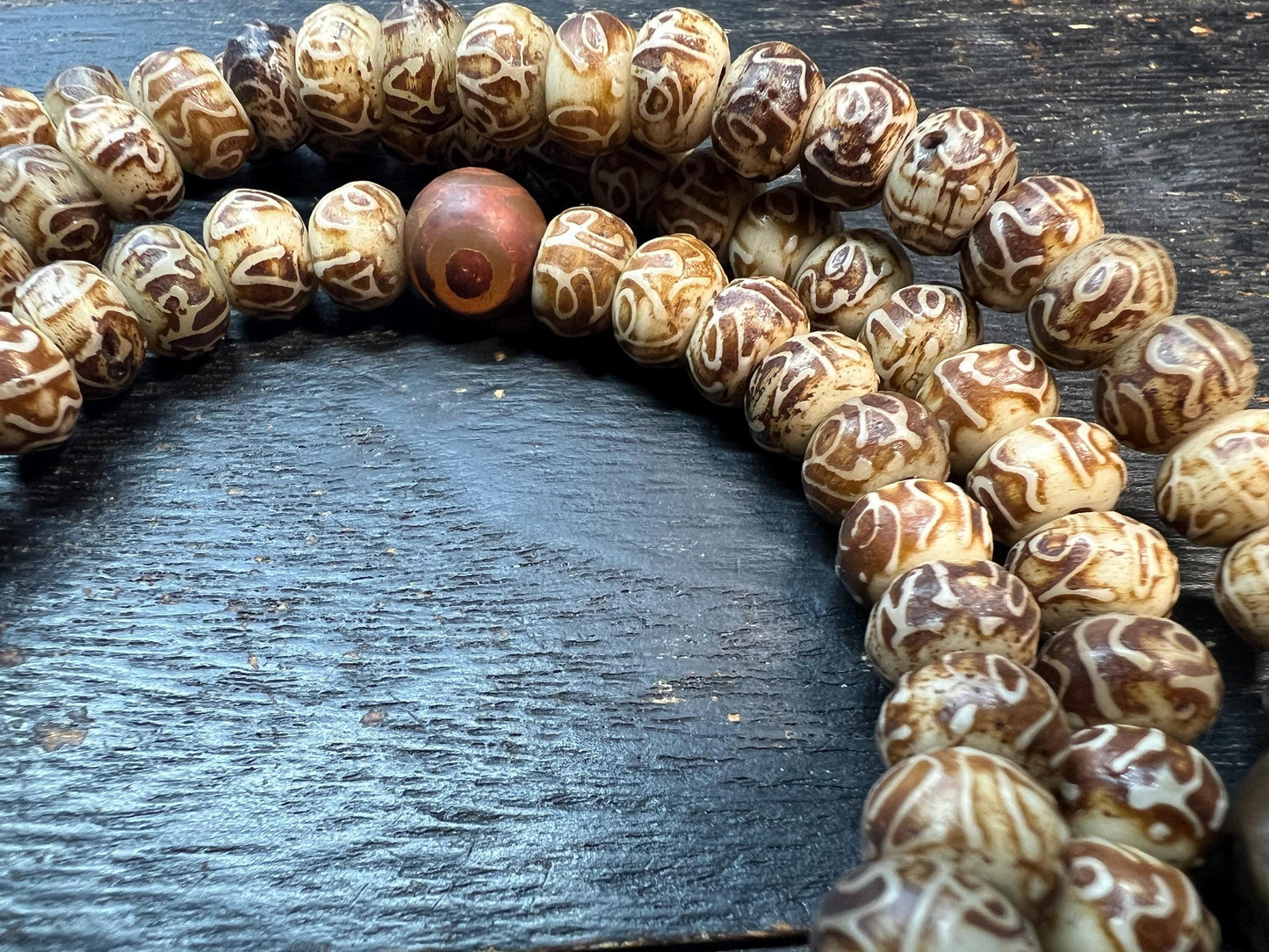 Handcrafted Yak Bone Mala – 108 Beads, Six-Syllable Mantra Carved, Dzi Bead, Brass Guru Bead, Tibetan Buddhist Prayer Necklace, 9mm 28”