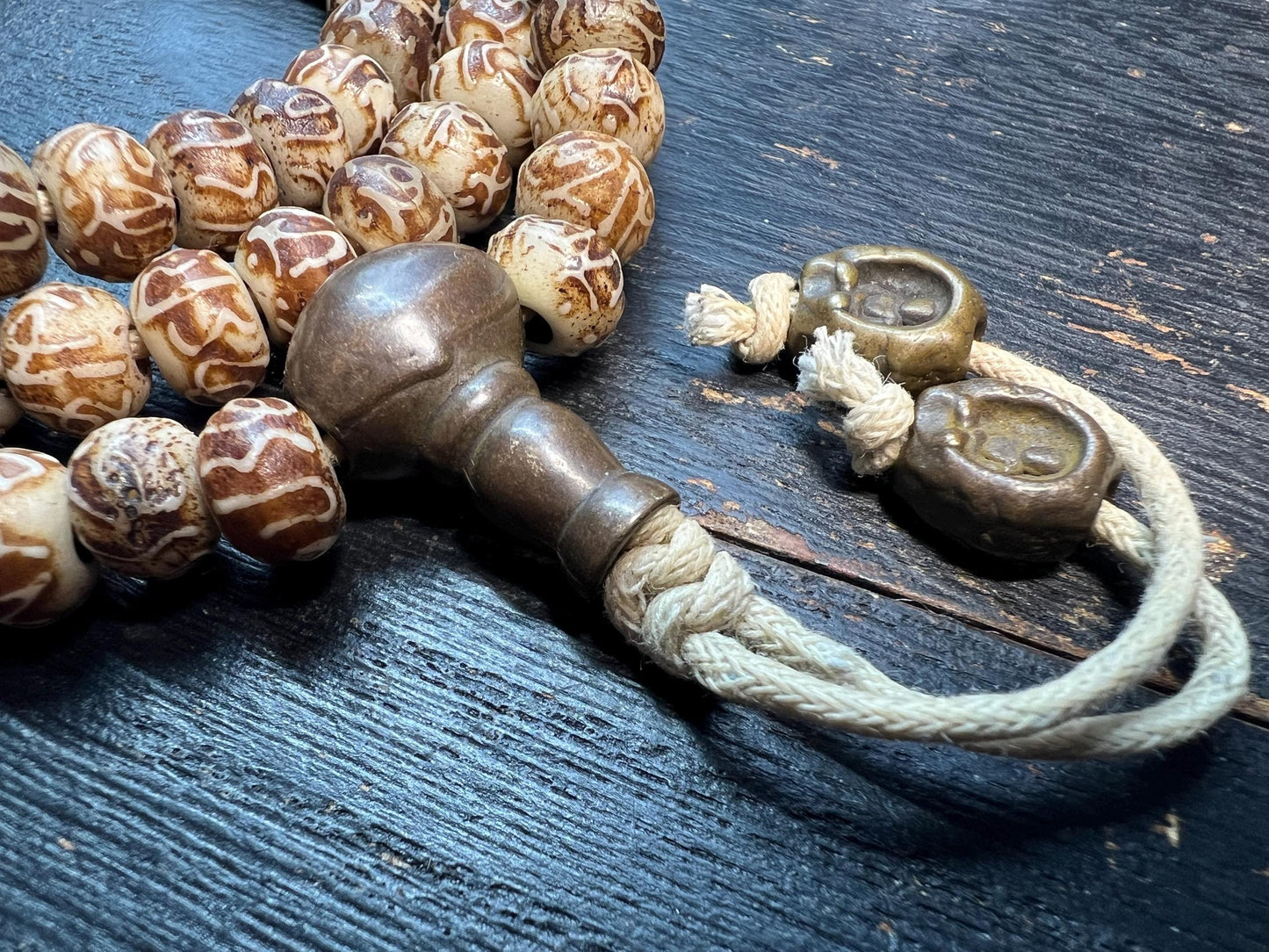 Handcrafted Yak Bone Mala – 108 Beads, Six-Syllable Mantra Carved, Dzi Bead, Brass Guru Bead, Tibetan Buddhist Prayer Necklace, 9mm 28”