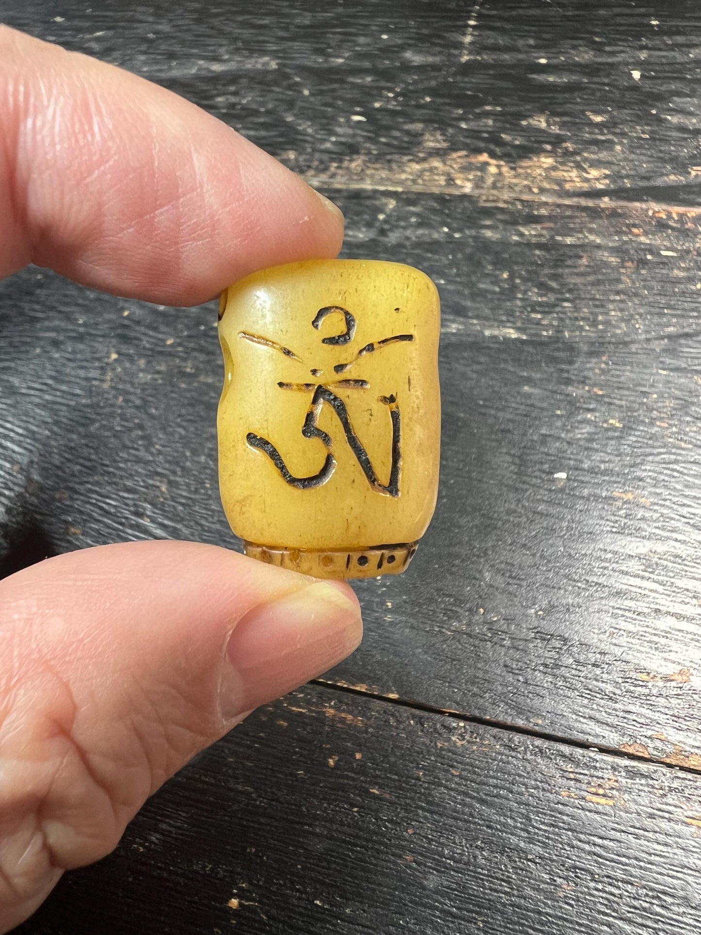 Hand-Carved Yak Bone Citipati Skull Guru Bead with Om Mani Mantra, Tibetan Charnel Ground Mala Focal, 3‑Hole Yak Bone Connector