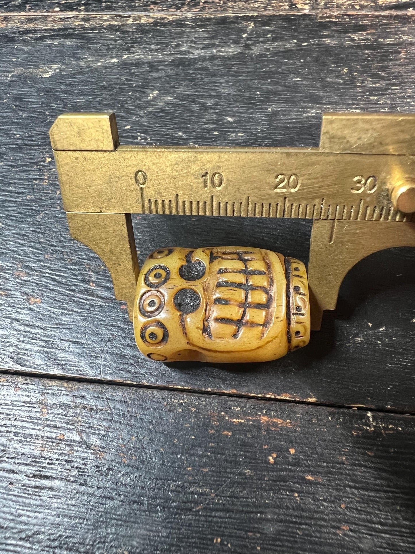 Hand-Carved Yak Bone Citipati Skull Guru Bead with Om Mani Mantra, Tibetan Charnel Ground Mala Focal, 3‑Hole Yak Bone Connector