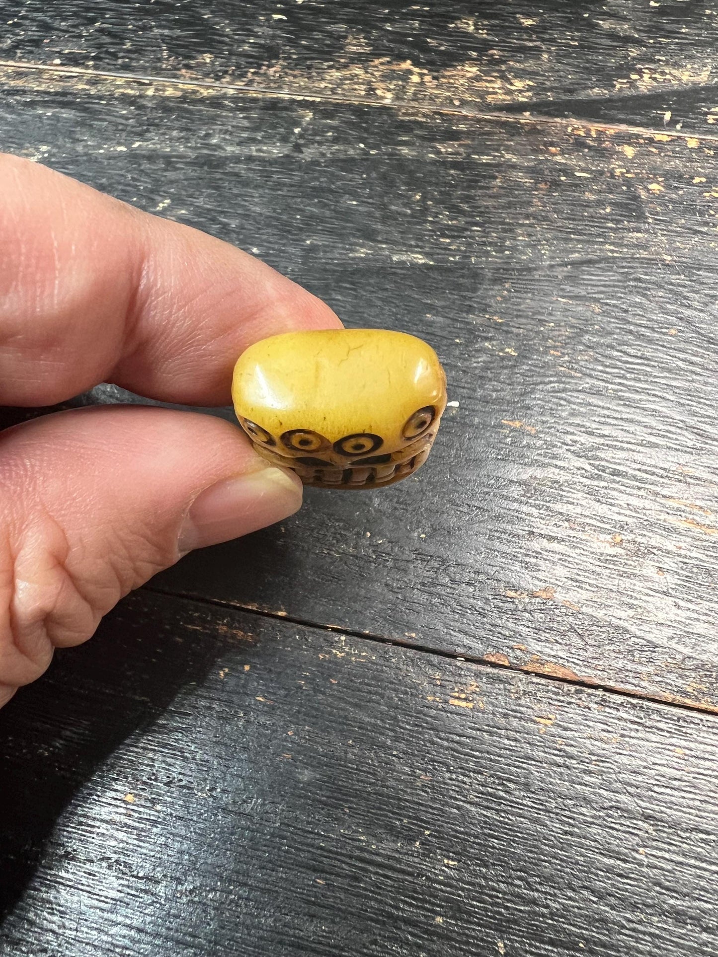 Hand-Carved Yak Bone Citipati Skull Guru Bead with Om Mani Mantra, Tibetan Charnel Ground Mala Focal, 3‑Hole Yak Bone Connector