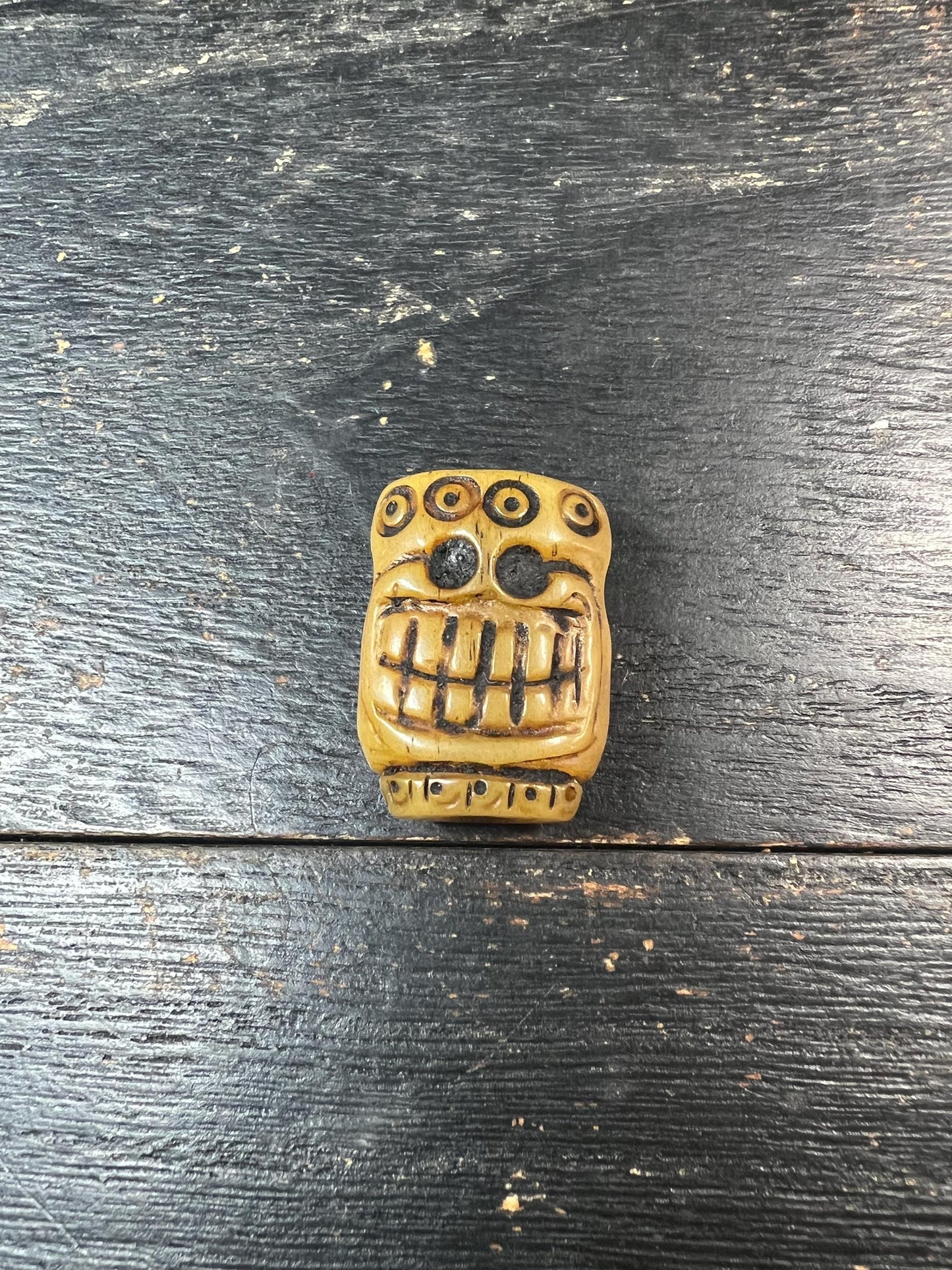 Hand-Carved Yak Bone Citipati Skull Guru Bead with Om Mani Mantra, Tibetan Charnel Ground Mala Focal, 3‑Hole Yak Bone Connector