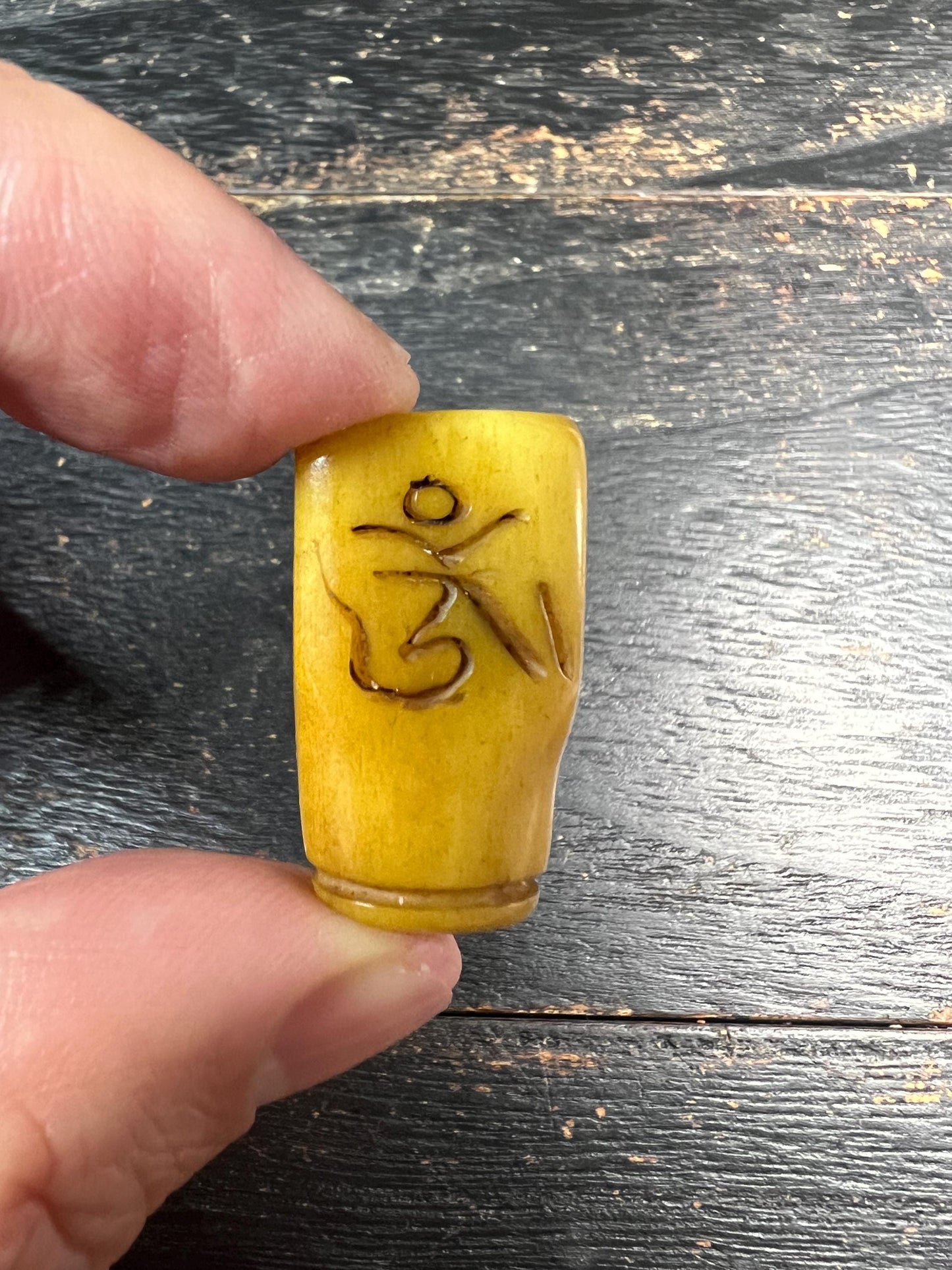 Hand-Carved Yak Bone Citipati Skull Focal Bead with Om Mani Mantra, Tapered Tibetan Charnel Ground Mala Center Bead
