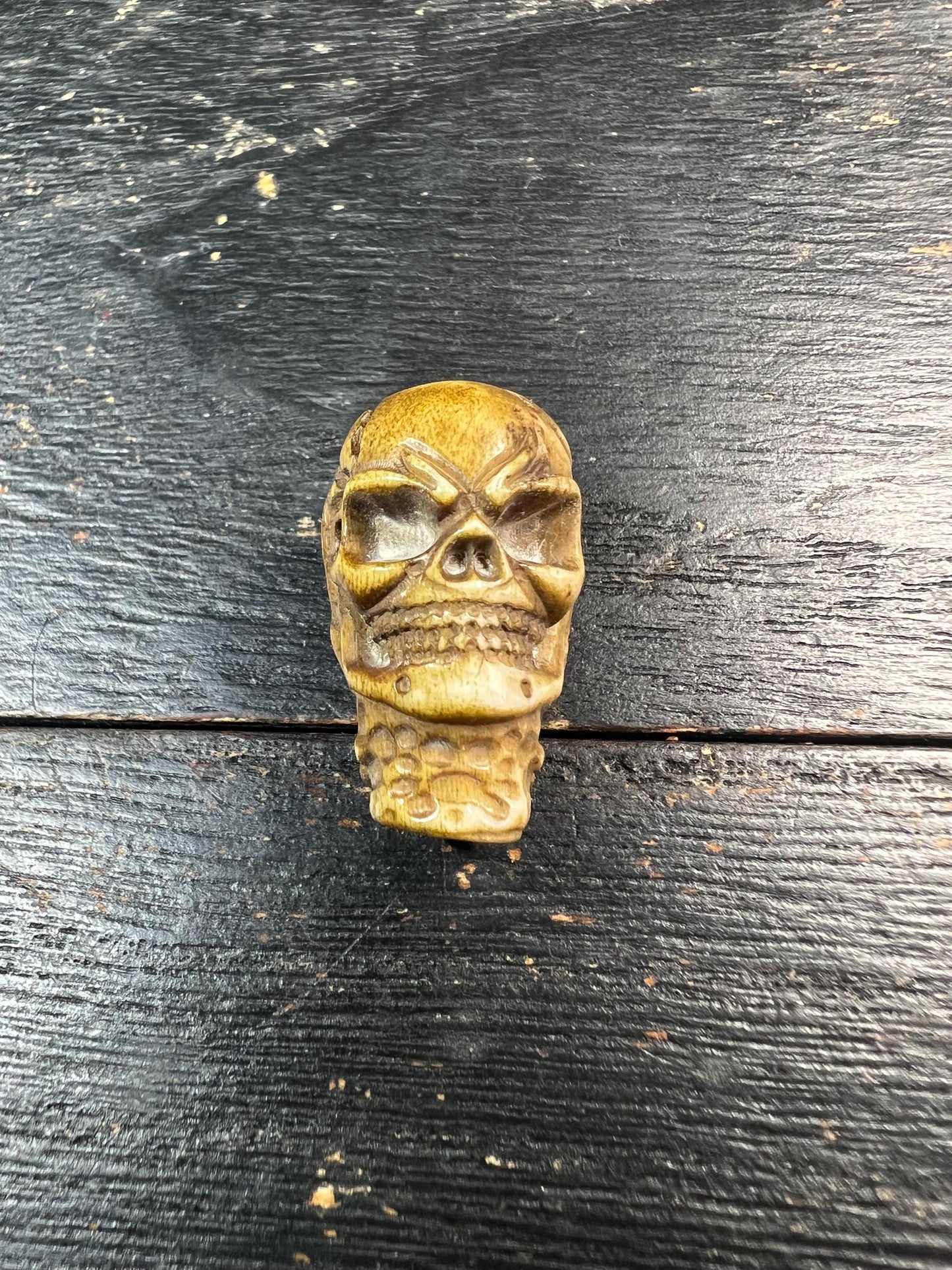 Hand-Carved Deer Antler Citipati Skull Bead with Grasping Bone Hand, Tibetan Charnel Ground Focal Pendant, Vertical Drill