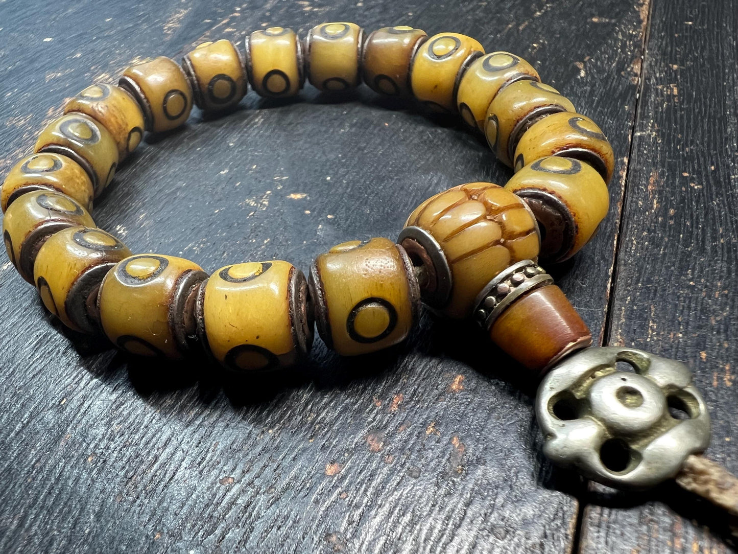 Adjustable Yak Bone Mantra Dot Mala Bracelet | Devouring Guru Bead | Tibetan Buddhist Amulet | Leather Cord & White Copper Accents | Under 8