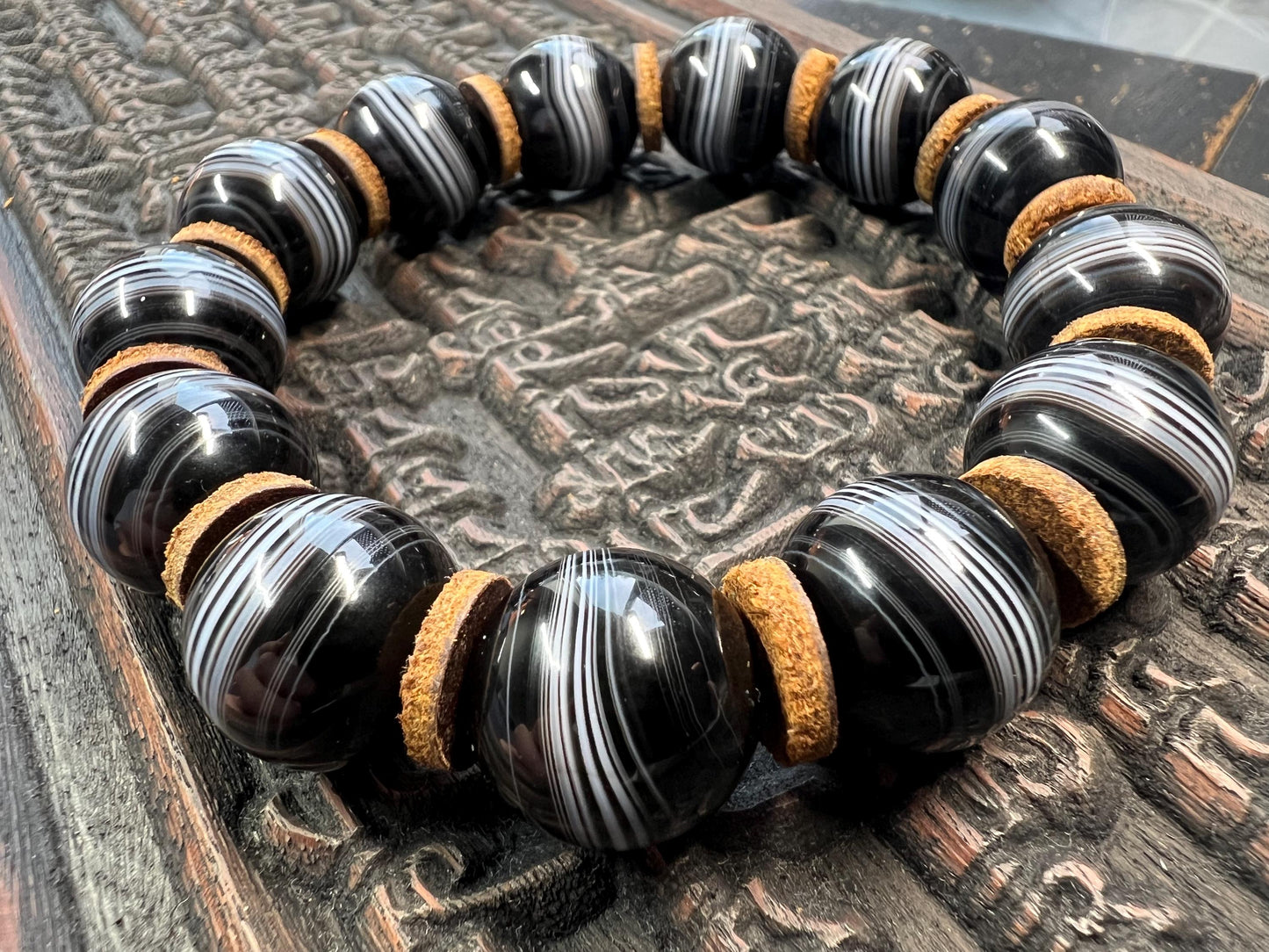 Vintage Black & White Stripe Agate Bracelet | 15mm Stretch Mala | Adjustable Cowhide Spacer Gemstone Beads