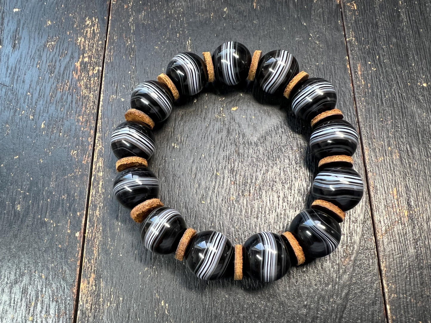 Vintage Black & White Stripe Agate Bracelet | 15mm Stretch Mala | Adjustable Cowhide Spacer Gemstone Beads
