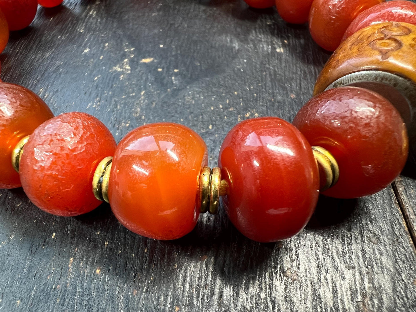 Vintage Red Agate Mala Bracelet | Yak Bone Citipati Guru Bead | Adjustable Tibetan Prayer Beads