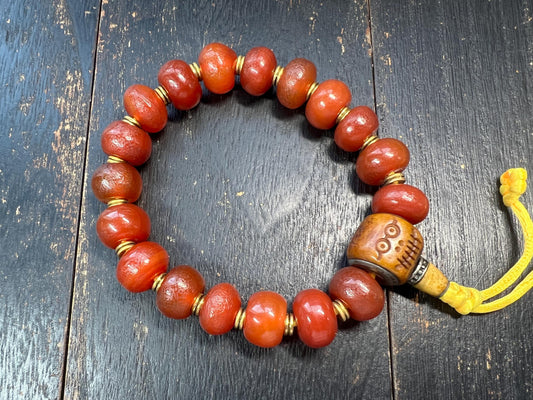 Vintage Red Agate Mala Bracelet | Yak Bone Citipati Guru Bead | Adjustable Tibetan Prayer Beads