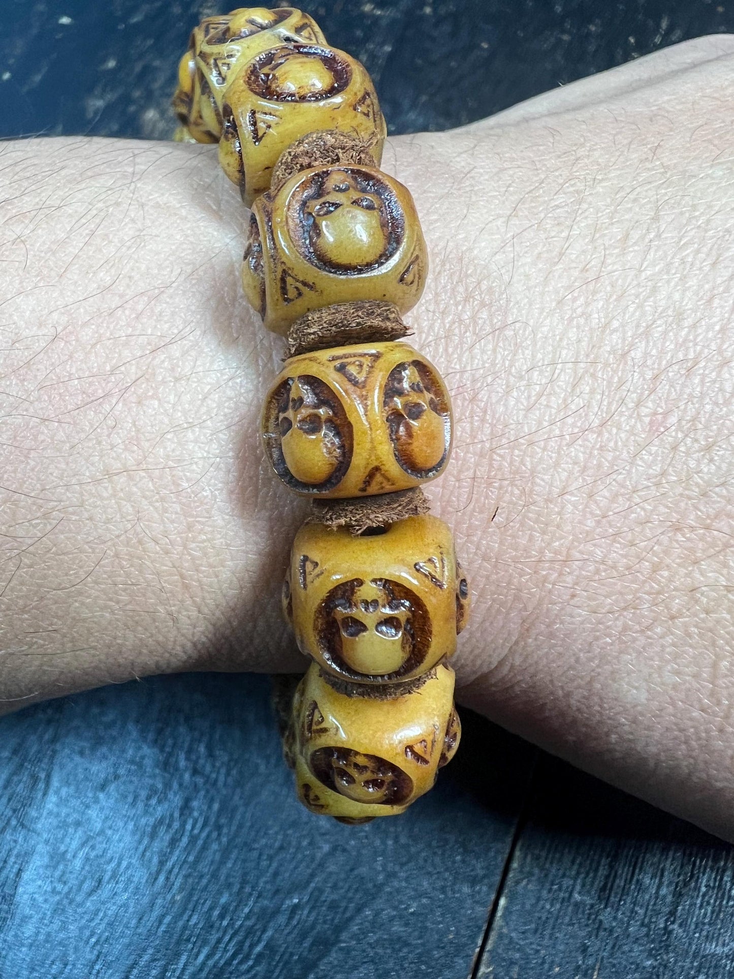 Hand-Carved Yak Bone Skull Mala Bracelet 13mm | Tibetan Cemetery Beads | Buddhist Wrist Mala for Men & Women | 8 Inch Wrist