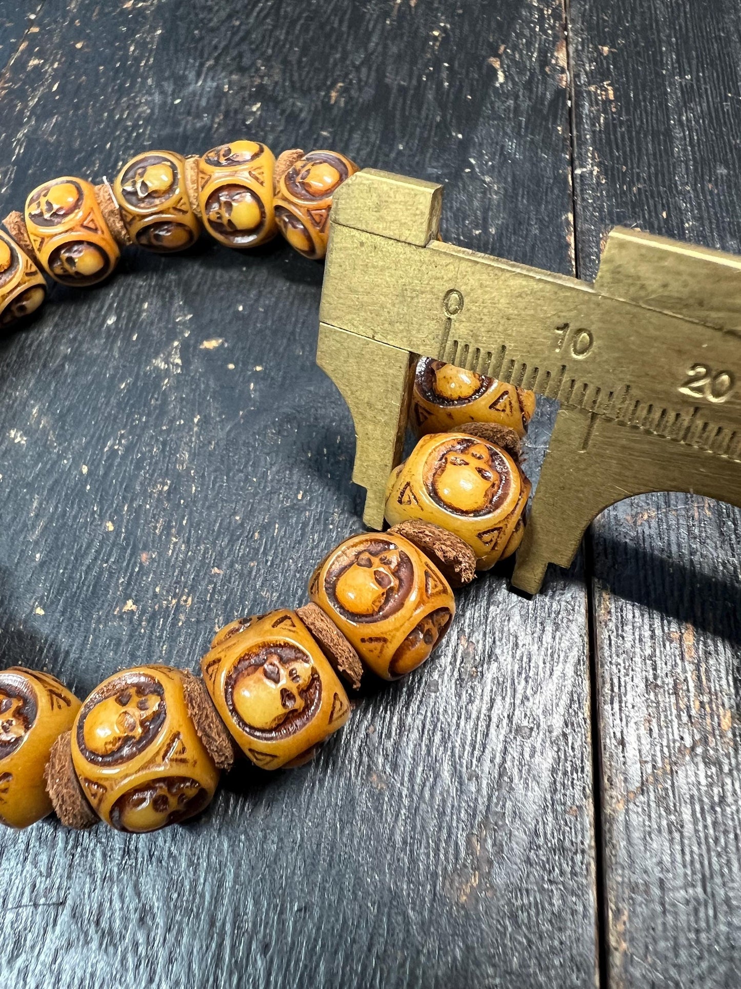 Hand-Carved Yak Bone Skull Mala Bracelet 13mm | Tibetan Cemetery Beads | Buddhist Wrist Mala for Men & Women | 8 Inch Wrist