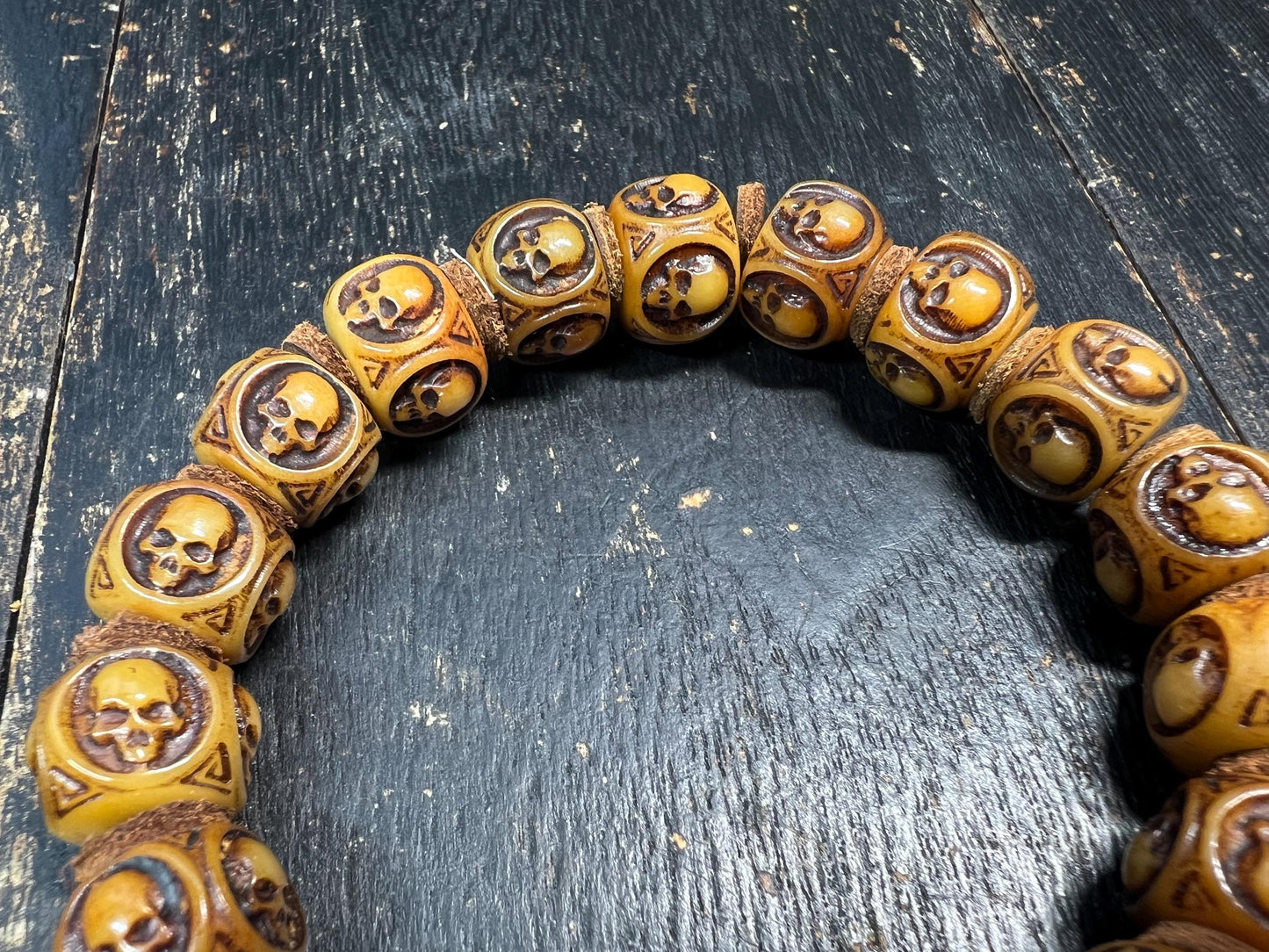 Hand-Carved Yak Bone Skull Mala Bracelet 13mm | Tibetan Cemetery Beads | Buddhist Wrist Mala for Men & Women | 8 Inch Wrist
