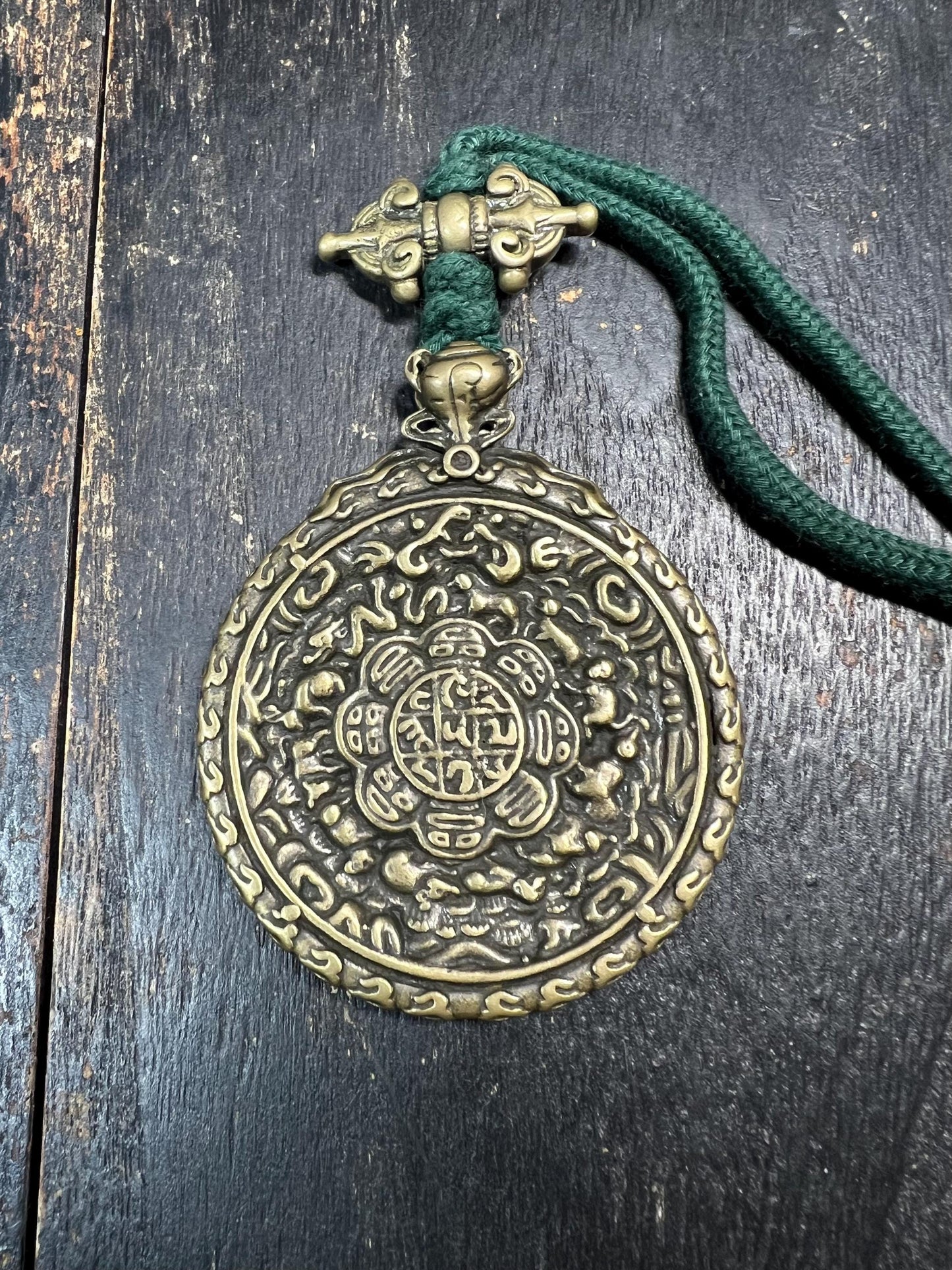 Large Brass Tibetan Nine Palaces Bagua Amulet | Protection Talisman | Feng Shui Pendant | Mantra Dots Back | Vajra Design | Vintage Buddhist
