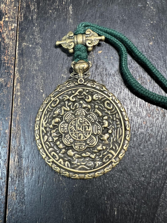 Large Brass Tibetan Nine Palaces Bagua Amulet | Protection Talisman | Feng Shui Pendant | Mantra Dots Back | Vajra Design | Vintage Buddhist