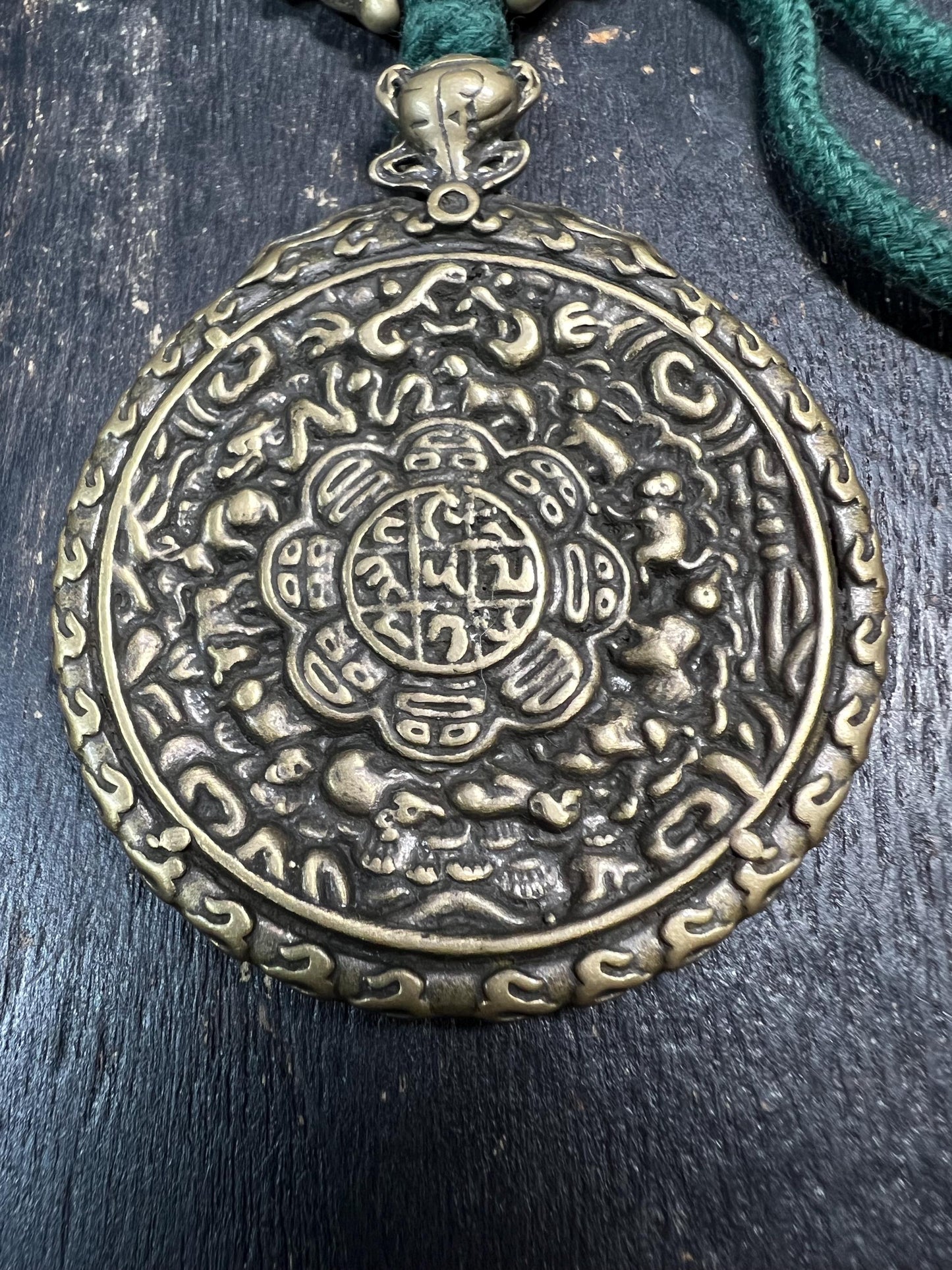 Large Brass Tibetan Nine Palaces Bagua Amulet | Protection Talisman | Feng Shui Pendant | Mantra Dots Back | Vajra Design | Vintage Buddhist