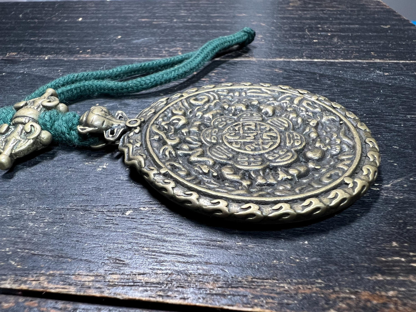 Large Brass Tibetan Nine Palaces Bagua Amulet | Protection Talisman | Feng Shui Pendant | Mantra Dots Back | Vajra Design | Vintage Buddhist
