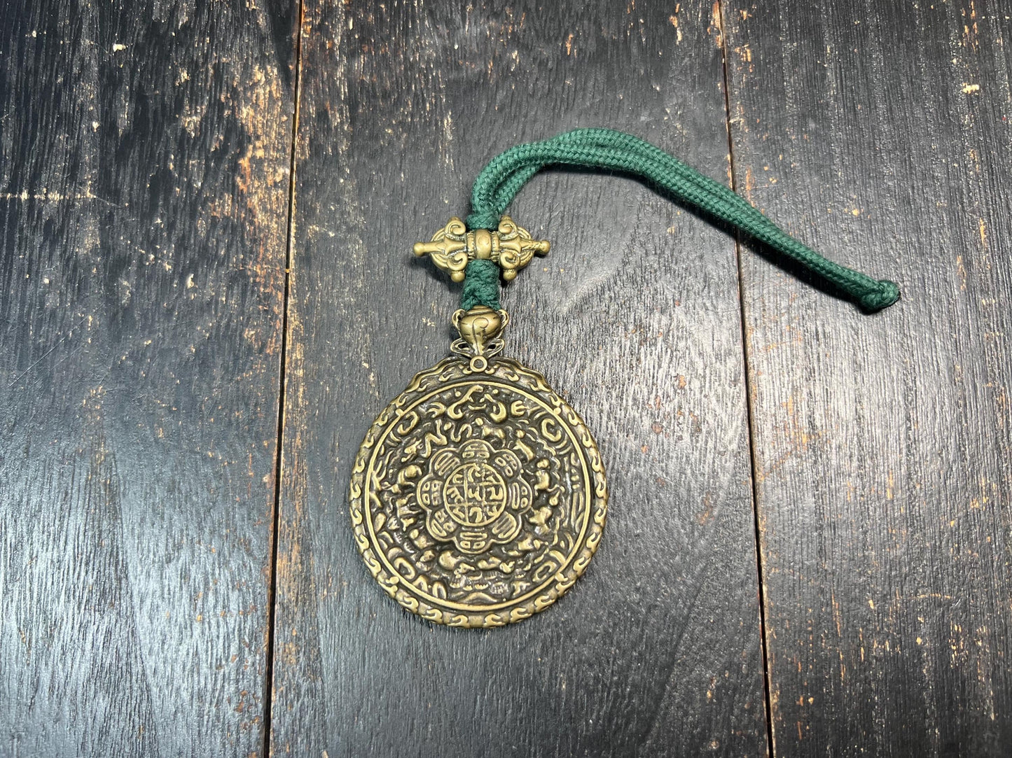 Large Brass Tibetan Nine Palaces Bagua Amulet | Protection Talisman | Feng Shui Pendant | Mantra Dots Back | Vajra Design | Vintage Buddhist