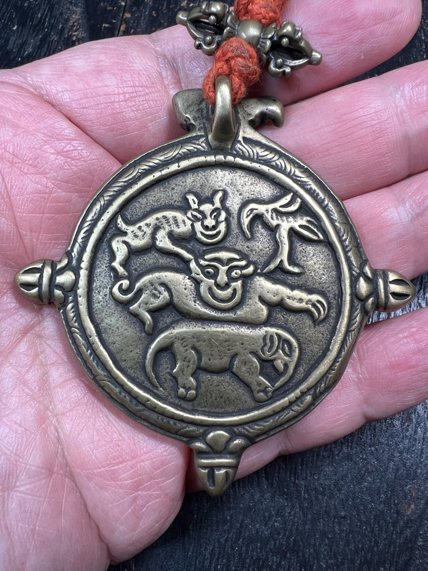 Large Brass Tibetan Nine Palaces Bagua Pendant | Zodiac Animal Amulet | Feng Shui Protection Charm | Vintage Buddhist Talisman