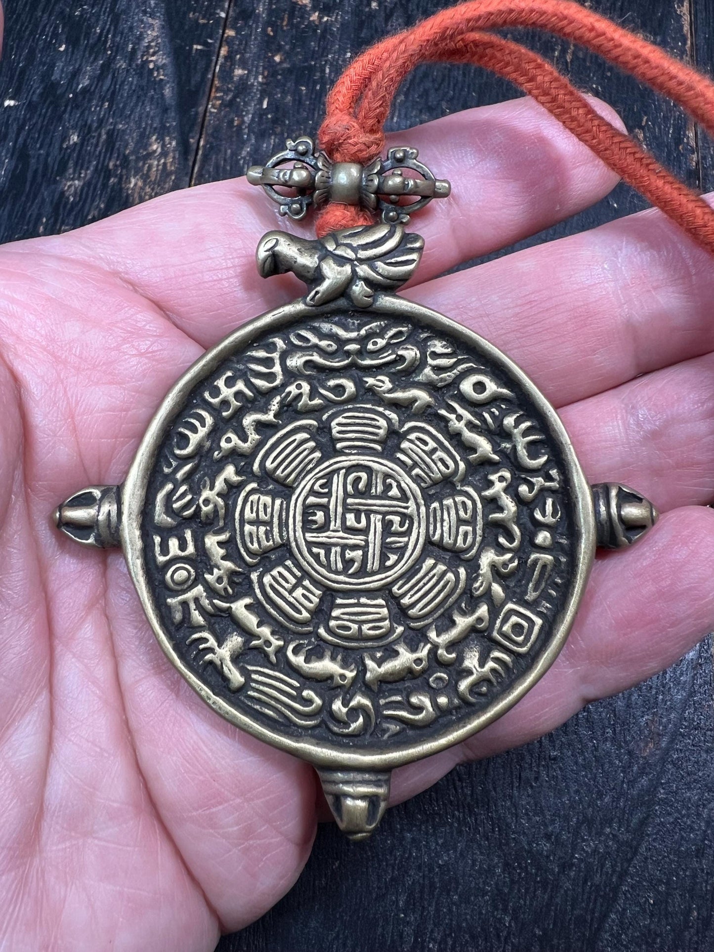 Large Brass Tibetan Nine Palaces Bagua Pendant | Zodiac Animal Amulet | Feng Shui Protection Charm | Vintage Buddhist Talisman