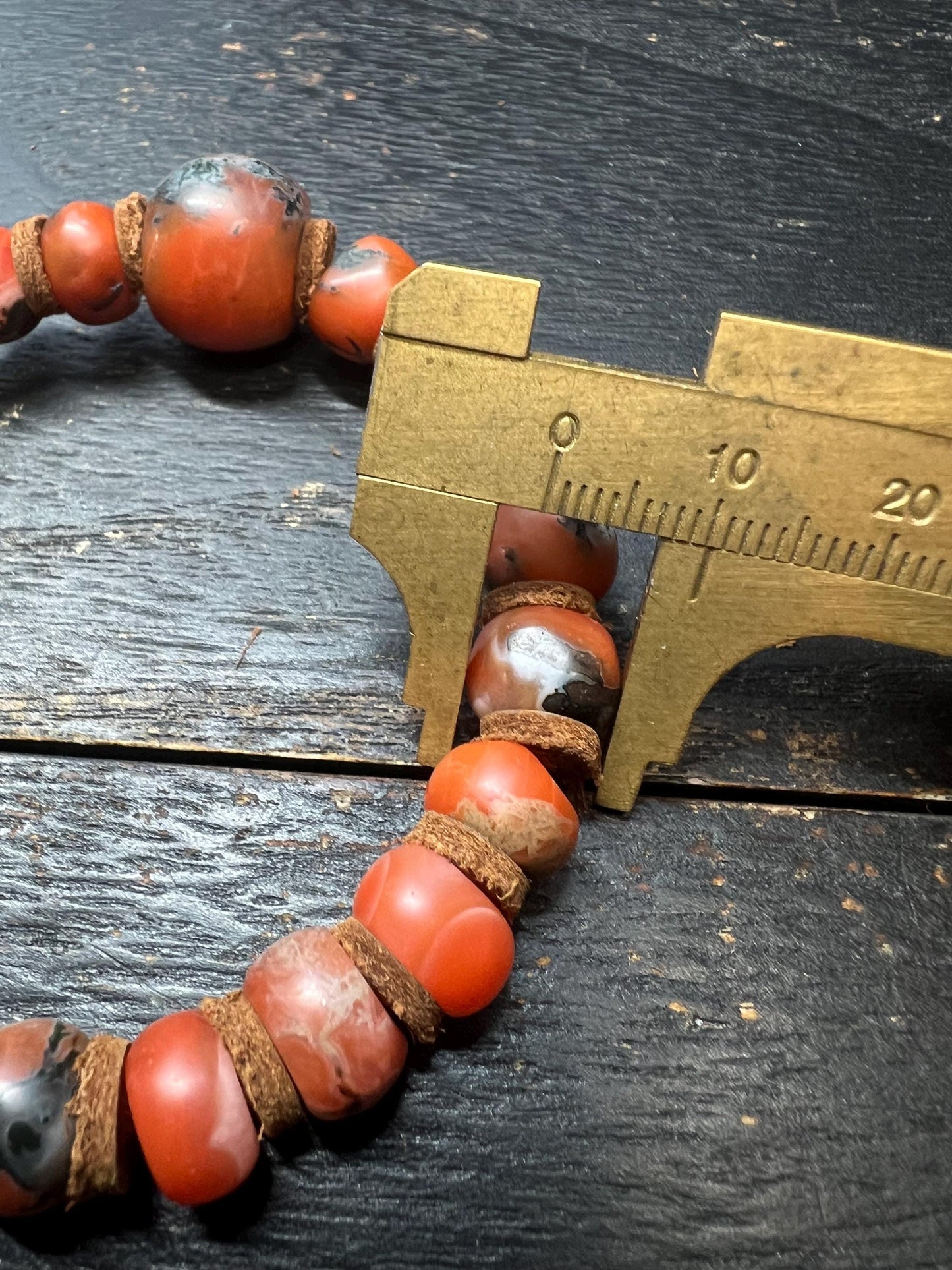 Handmade Nanhong Agate Bracelet with Iron-Line Inclusions and Cowhide Spacers, Large 16mm Focal Bead, Natural South Red Agate Prayer Beads