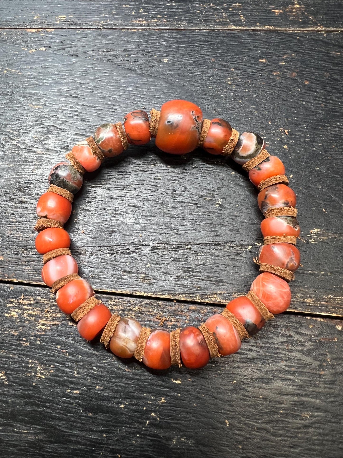 Handmade Nanhong Agate Bracelet with Iron-Line Inclusions and Cowhide Spacers, Large 16mm Focal Bead, Natural South Red Agate Prayer Beads