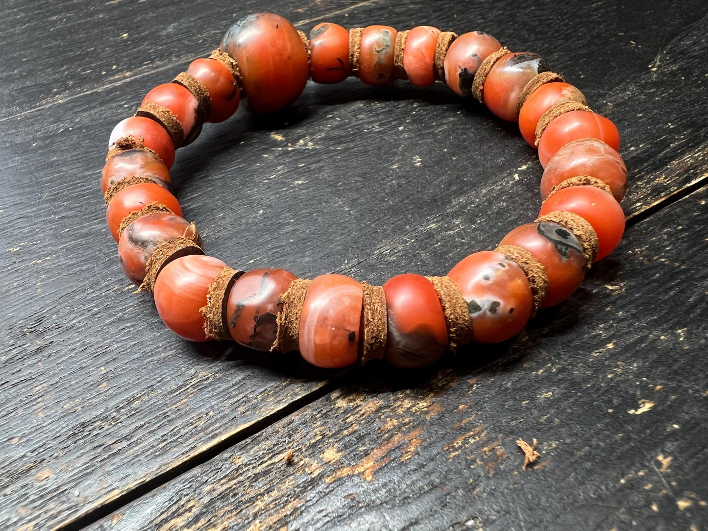 Handmade Nanhong Agate Bracelet with Iron-Line Inclusions and Cowhide Spacers, Large 16mm Focal Bead, Natural South Red Agate Prayer Beads