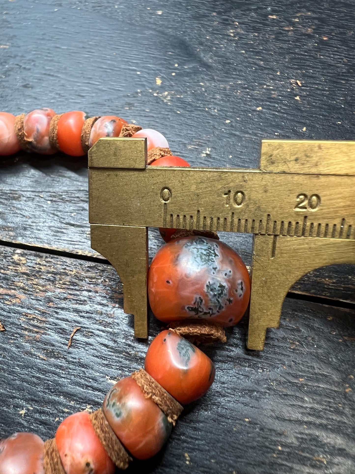 Handmade Nanhong Agate Bracelet with Iron-Line Inclusions and Cowhide Spacers, Large 16mm Focal Bead, Natural South Red Agate Prayer Beads
