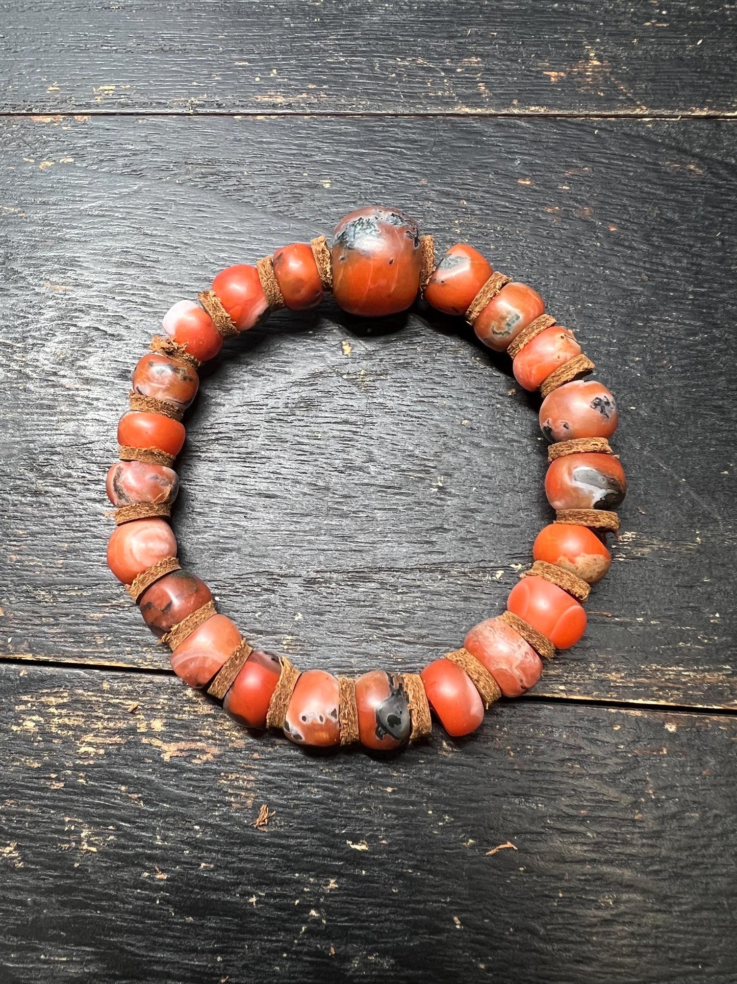 Handmade Nanhong Agate Bracelet with Iron-Line Inclusions and Cowhide Spacers, Large 16mm Focal Bead, Natural South Red Agate Prayer Beads