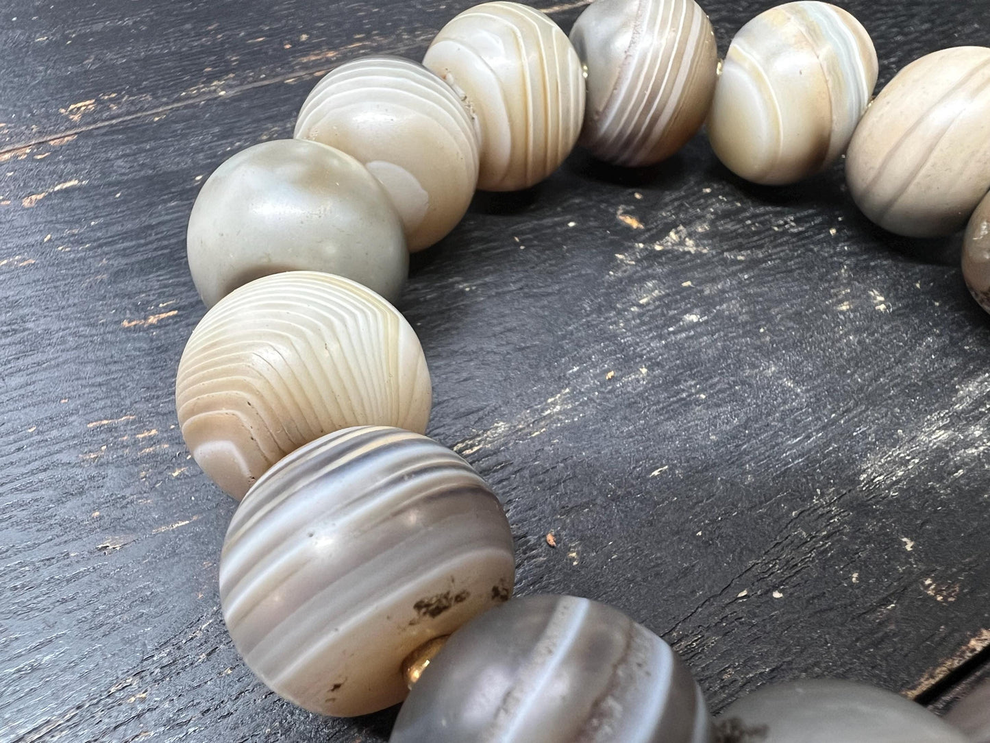 Large 17–18mm Banded Agate Bead Bracelet with Brass Spacers, Neutral Grey Cream Tones, Fits 9 Inch Wrist