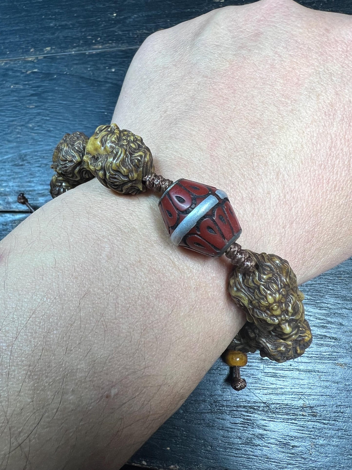 Tibetan Yak Bone Mahakala Bracelet with Coral Inlay Guru Bead | Hand‑Carved Skull Deity Heads