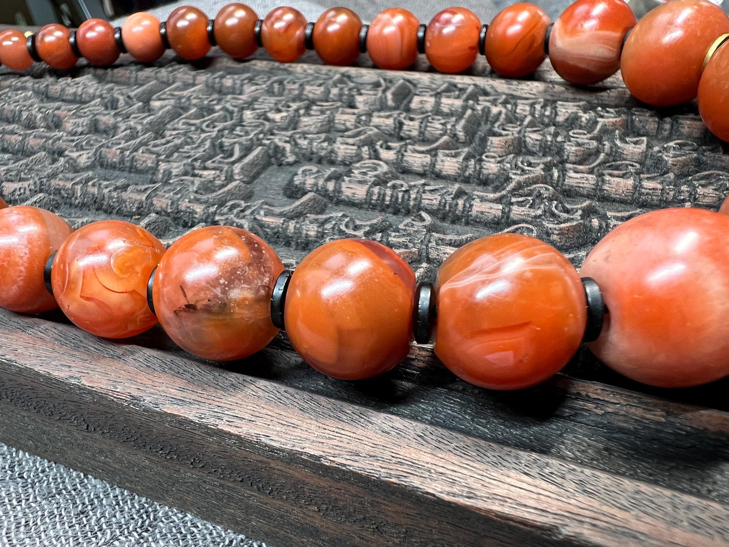 Tibetan Red Agate Mala Necklace – Dzi Bead, Brass Garuda, Adjustable, 18” (Nanhong Agate, Meditation Prayer Beads)