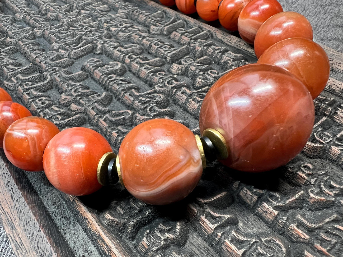 Tibetan Red Agate Mala Necklace – Dzi Bead, Brass Garuda, Adjustable, 18” (Nanhong Agate, Meditation Prayer Beads)